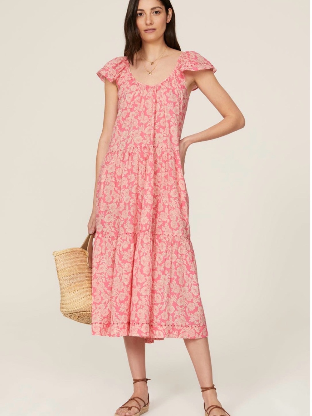 THE GREAT. Pink Floral Scoop-Neck Tiered Midi Dress